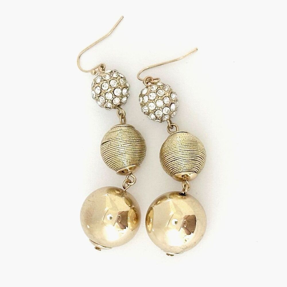 Gold Tone Long Dangle Gradient Bead Earrings Rhinestone ball